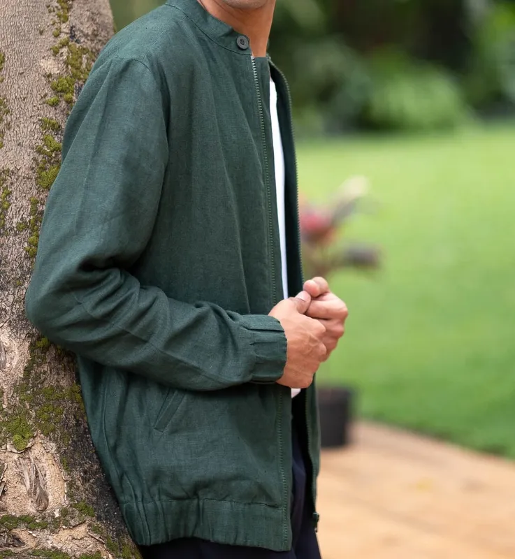 Forest Green Linen Bomber Jacket