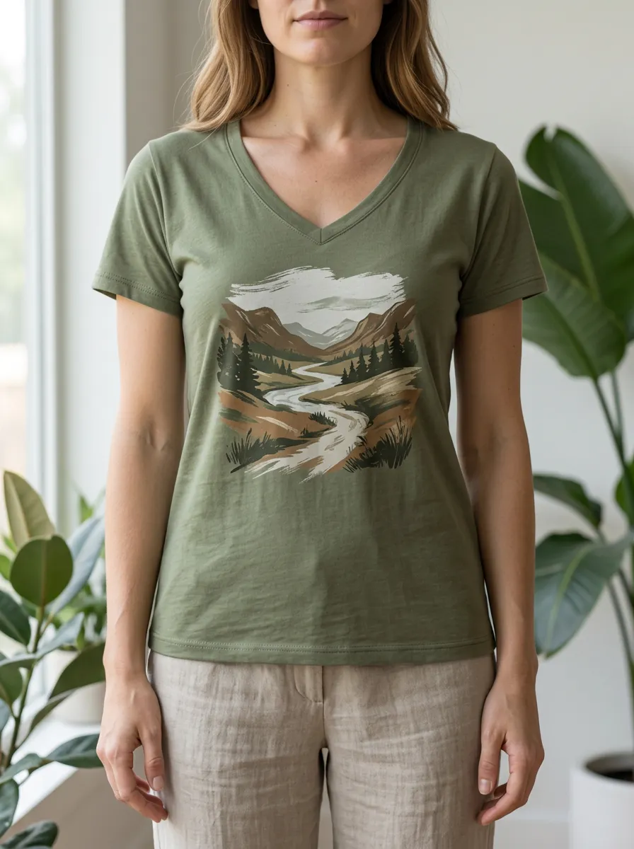 Women's Trail Nature Lover Mountain River V-Neck T-Shirt