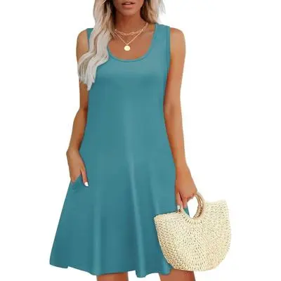 Womens Summer Dresses Loose U Neck Sleeveless Sundresses Dress with Pockets