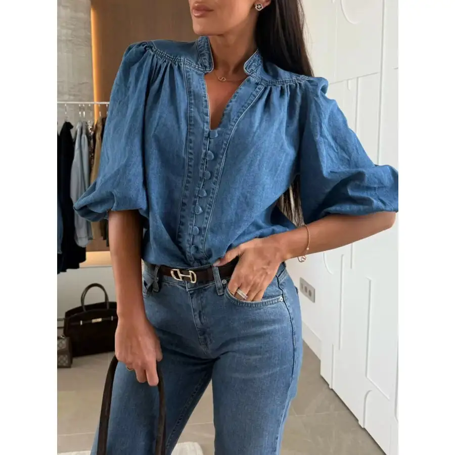 Button Down Puff Sleeve Denim Top