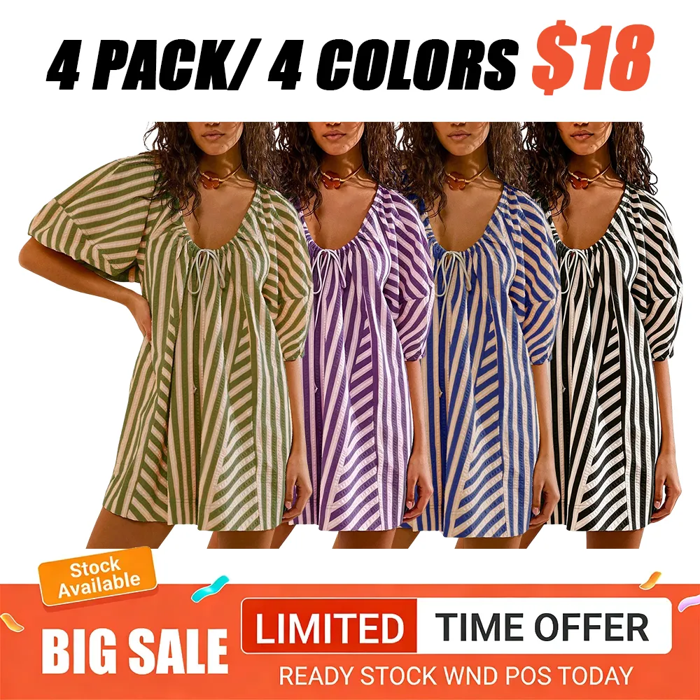 Womens Striped Romper Casual Loose Puff Sleeve Wide Leg Jumpsuit
