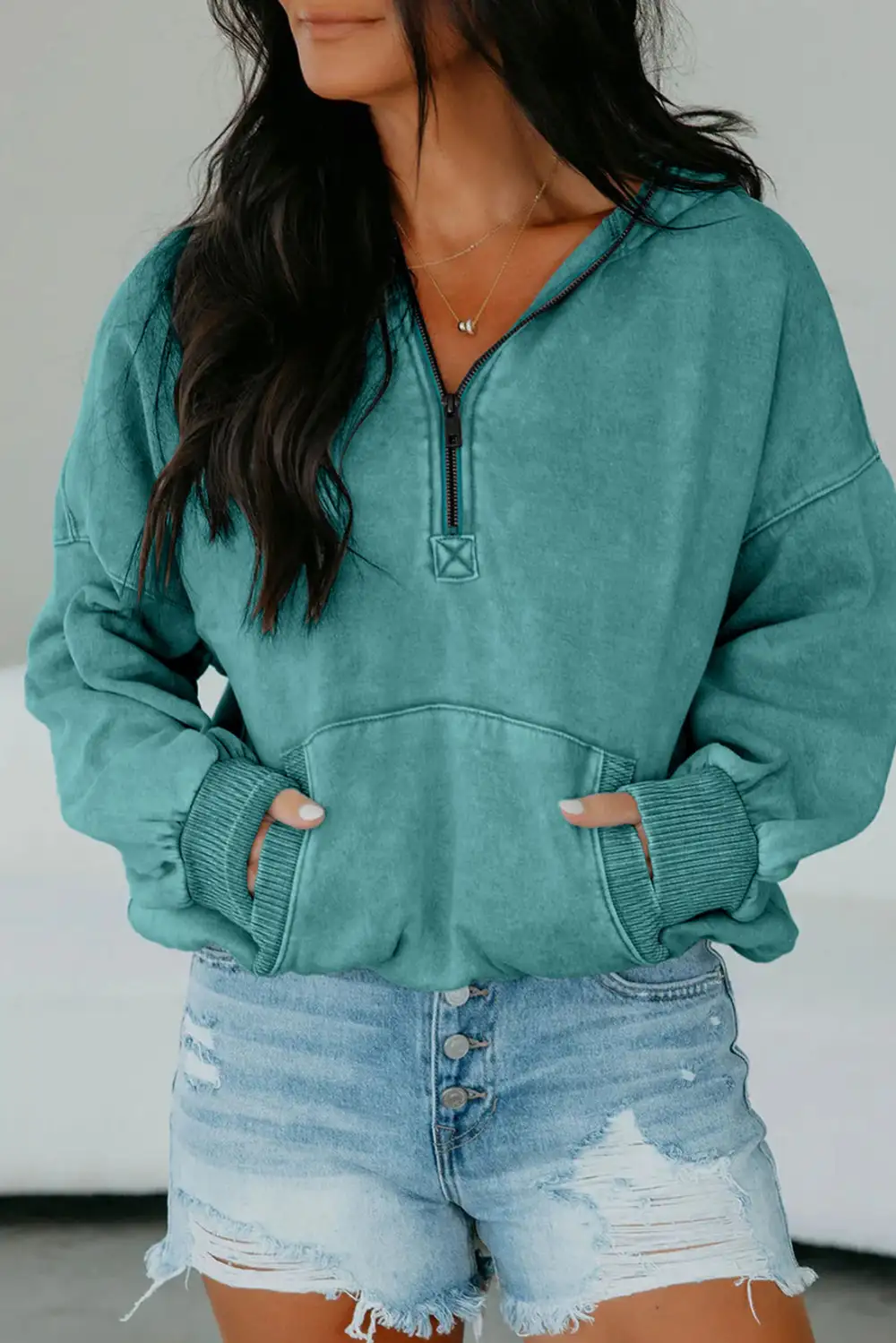 Relaxed Mineral Wash Pocket Detail Zip Detail Hoodie