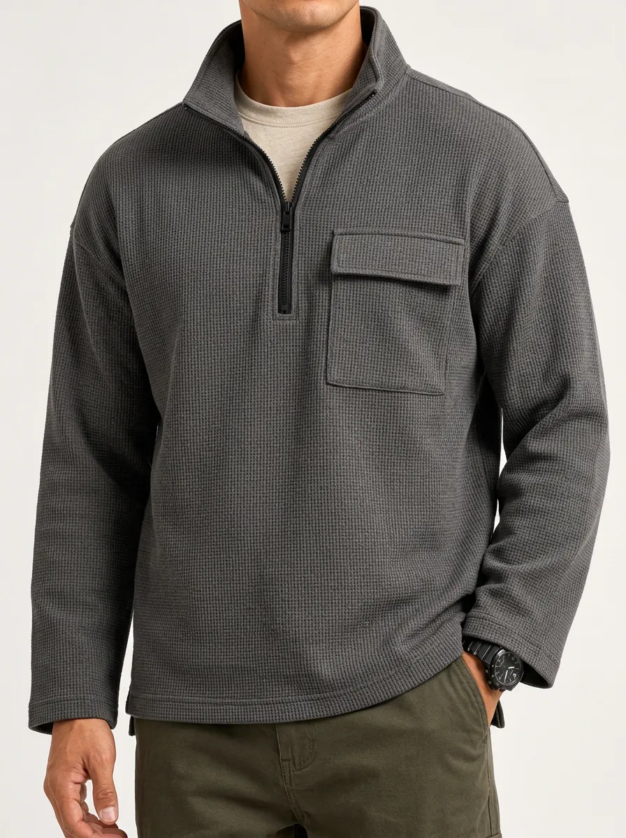 Front Pocket Waffle Knit Pullover with Half-Zip Closure for Low-Key Wear