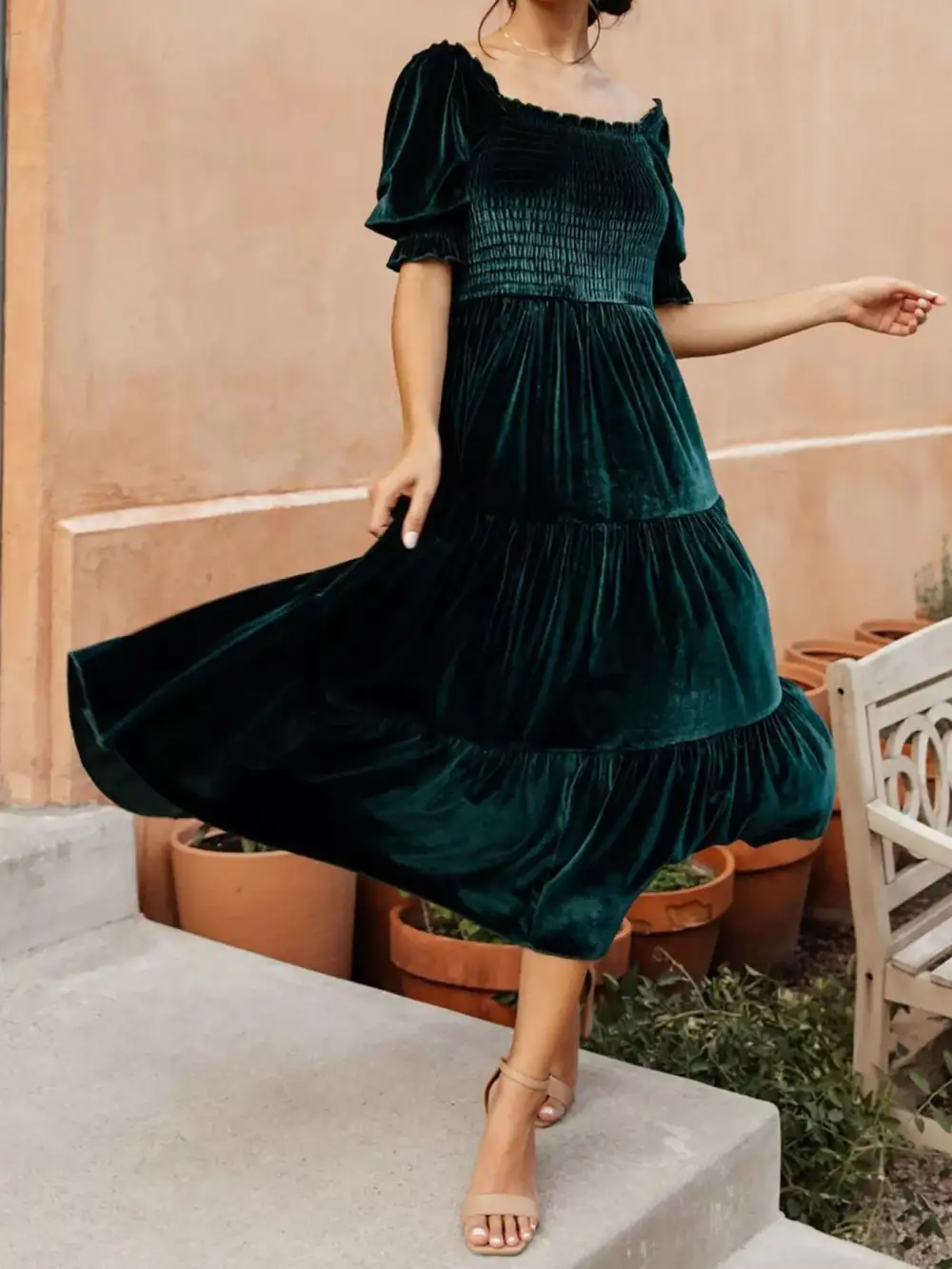 Velvet Tiered Smocked Midi Dress