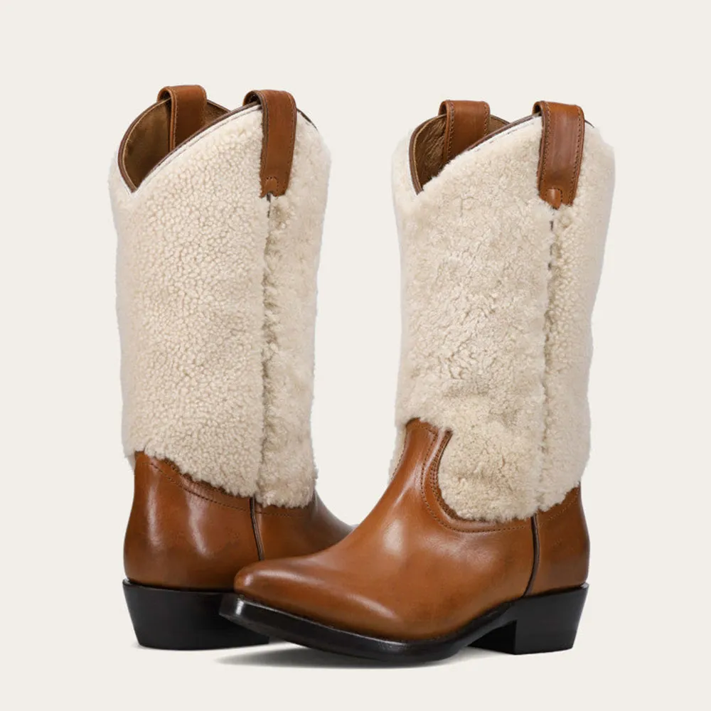 Faux-Leather Patchwork Snip-Toe Chunky-Heel Mid-Calf Boots