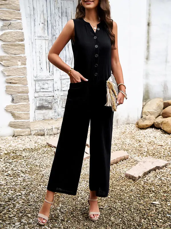 Losse Mouwloze Jumpsuits Met Split Joint V Hals