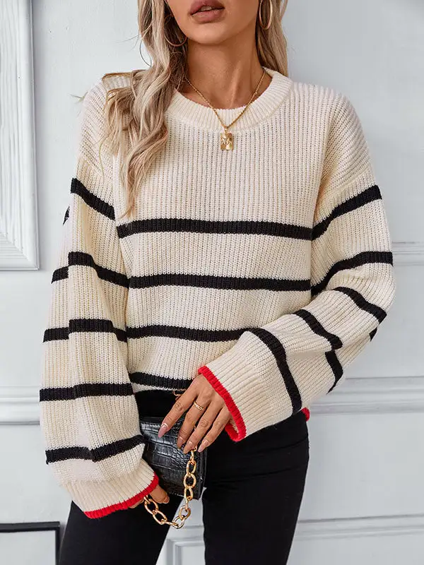 Striped Paneled Round Neck Long Sleeve Relaxed Fit Easy Fit Pullover Sweater