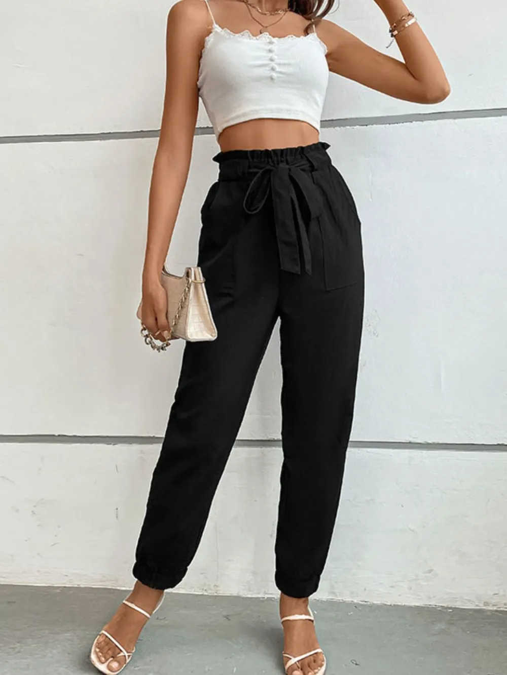 Textured Tie Detail High Waist Pants