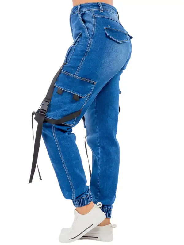 High-Waist Denim Utility Cargo Pants