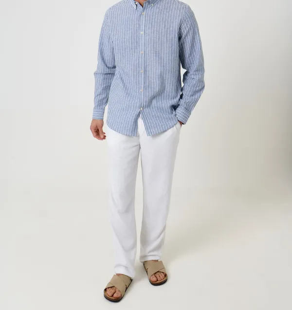 Men's Blue Stripe Linen Cotton Blend Long Sleeve Shirt