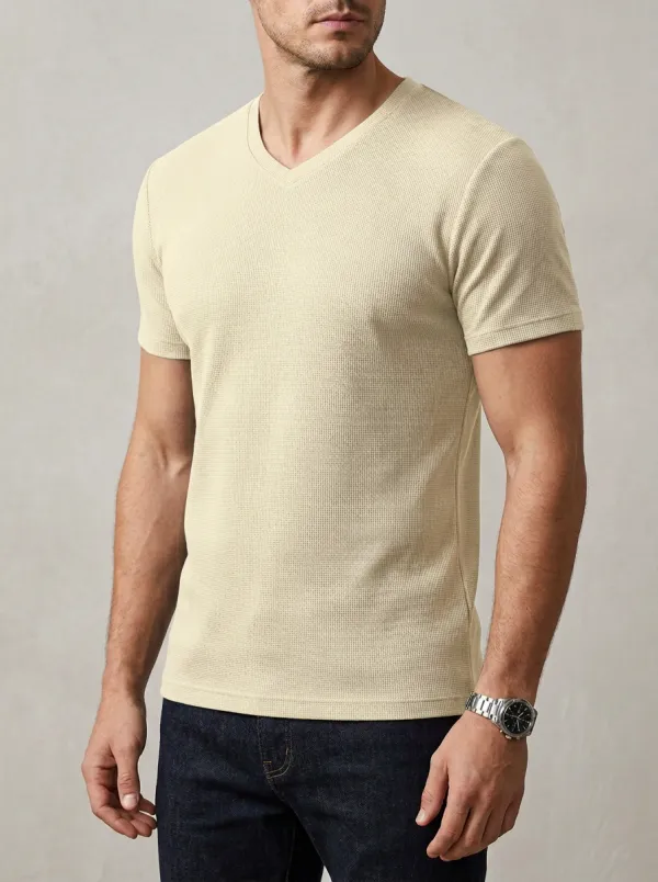 Streamlined Waffle Knit Textured V-Neck Daily Wear Men's Slim Fit Short Sleeve T-Shirt