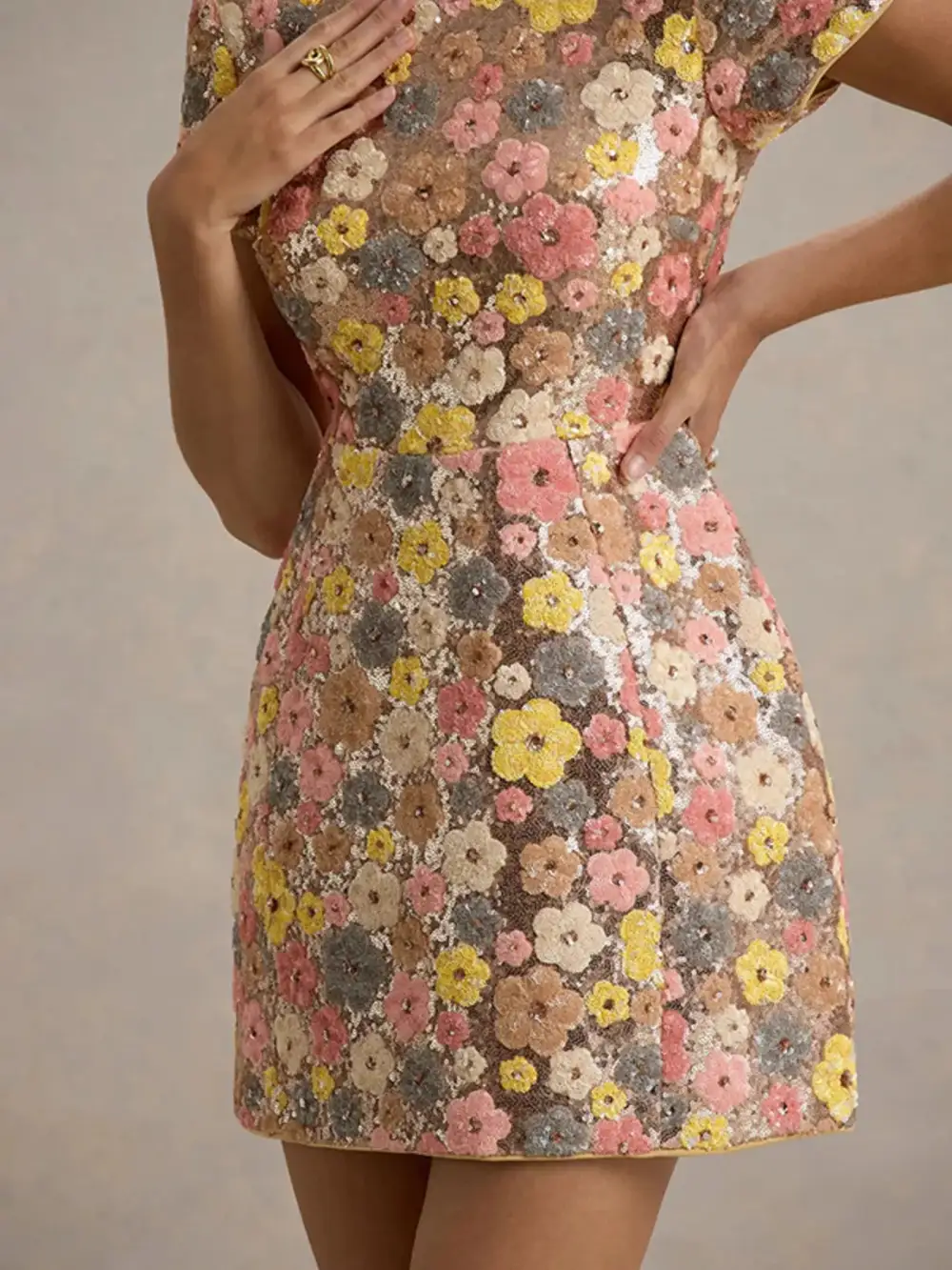 Floral Sequin Short Sleeve Mini Dress