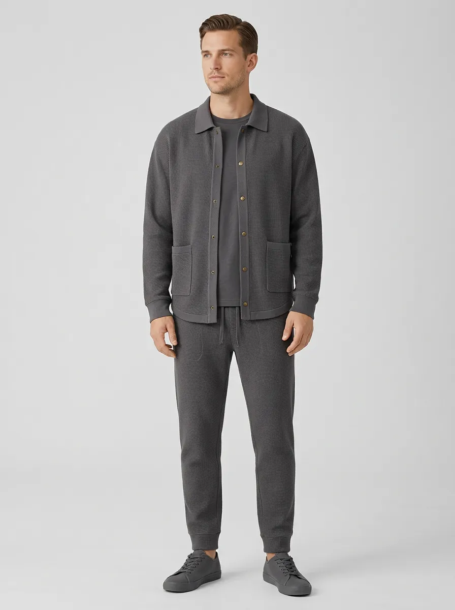 Men's Classic Waffle Textured Button Detail Polo Collar Jacket and Jogger Pants Set