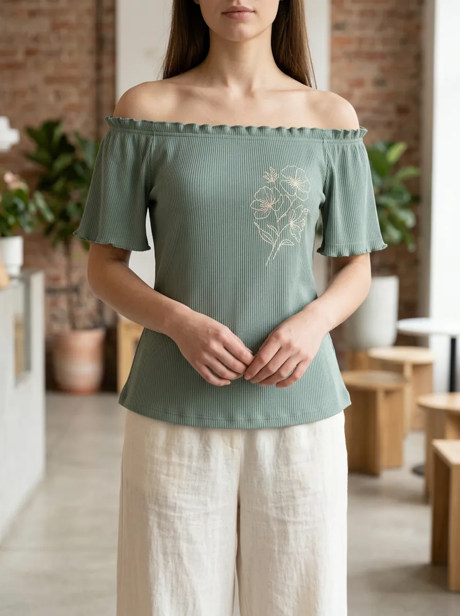 Women's Floral Lover Sage Green Line Art Printed Off-Shoulder Top