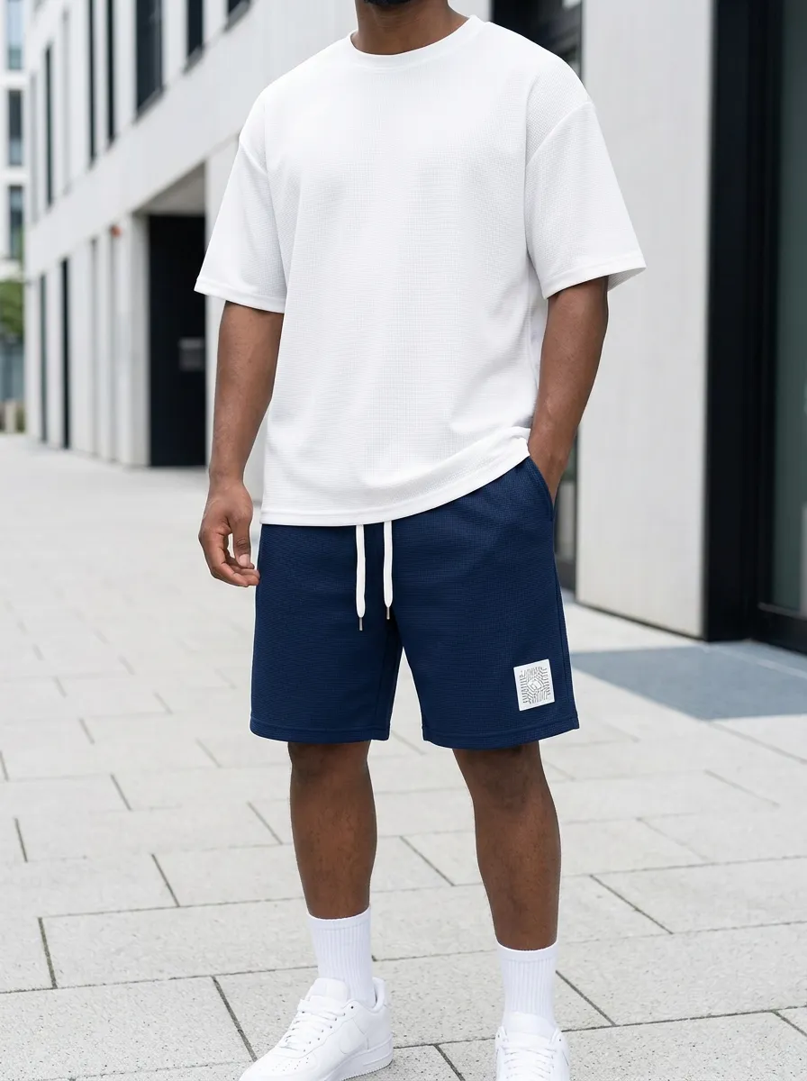 Men's Waffle-Texture Circuit-Pattern T-Shirt and Shorts Set