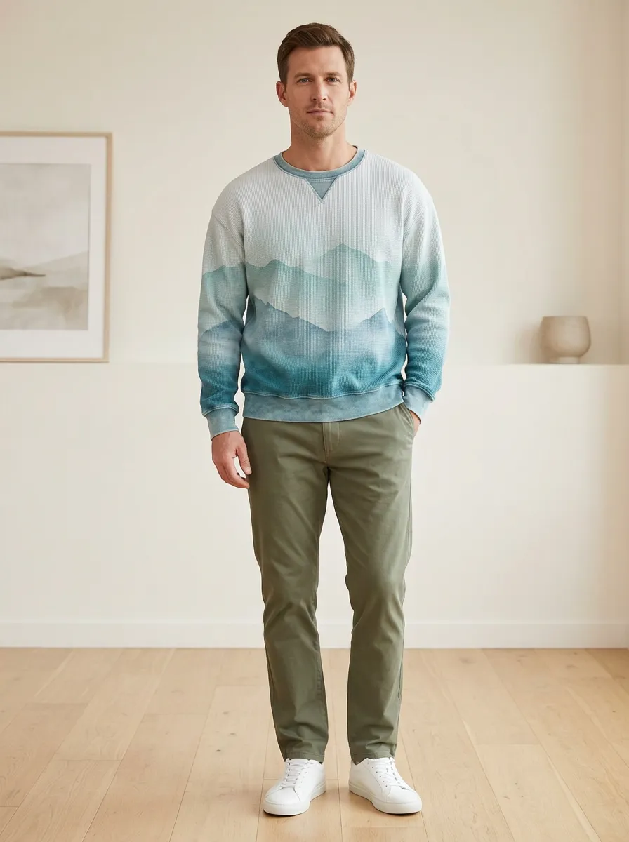 Men's Blue Mountain Landscape Printed Waffle Knit Sweatshirt
