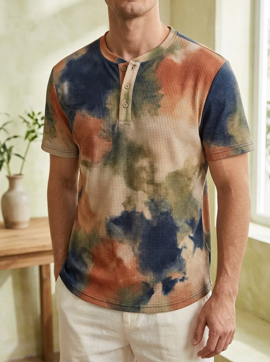 Men's Modern Casual Tie-Dye Waffle Knit Buttoned Henley T-Shirt