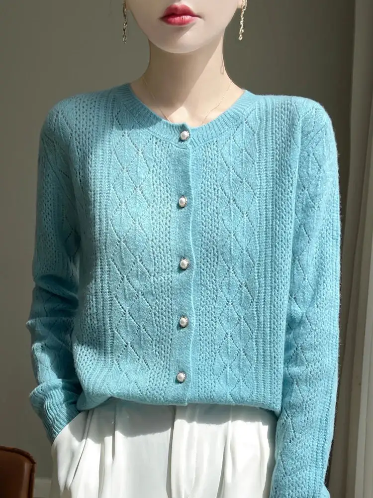 Merino-Wool Wool Pearl-Button Crew-Neck Cardigan