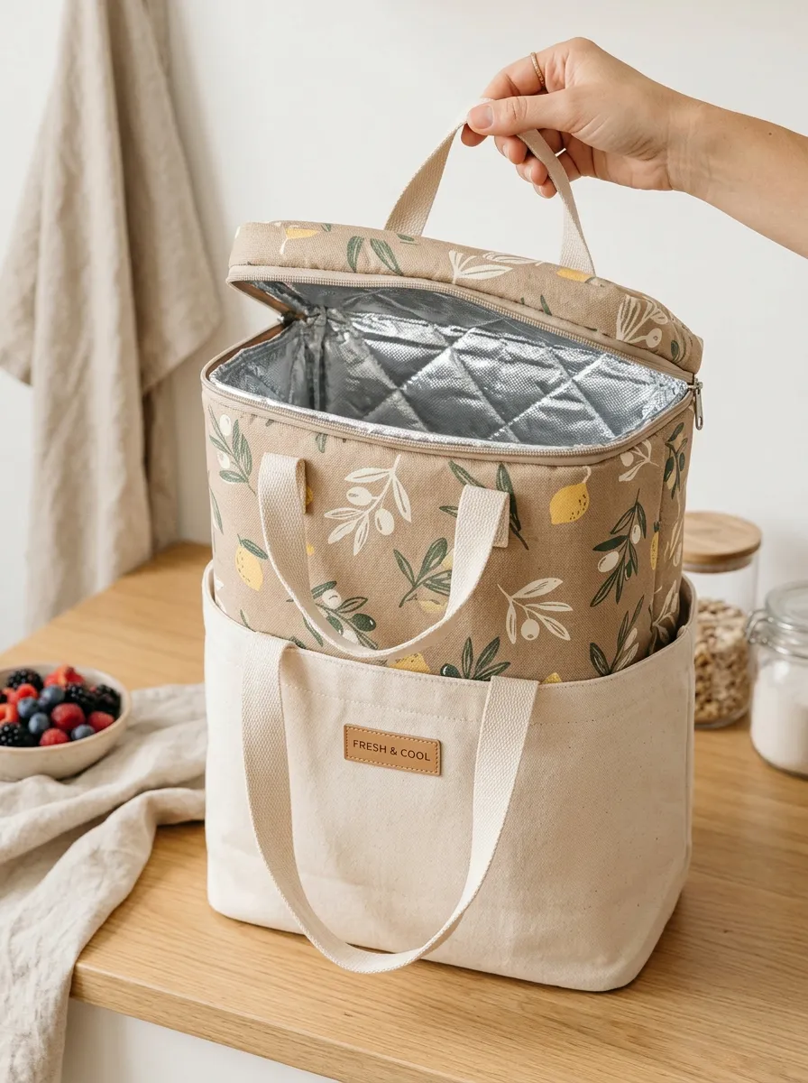 Lemon Olive Botanical Pattern Printed Thermal Insulated Lunch Bag