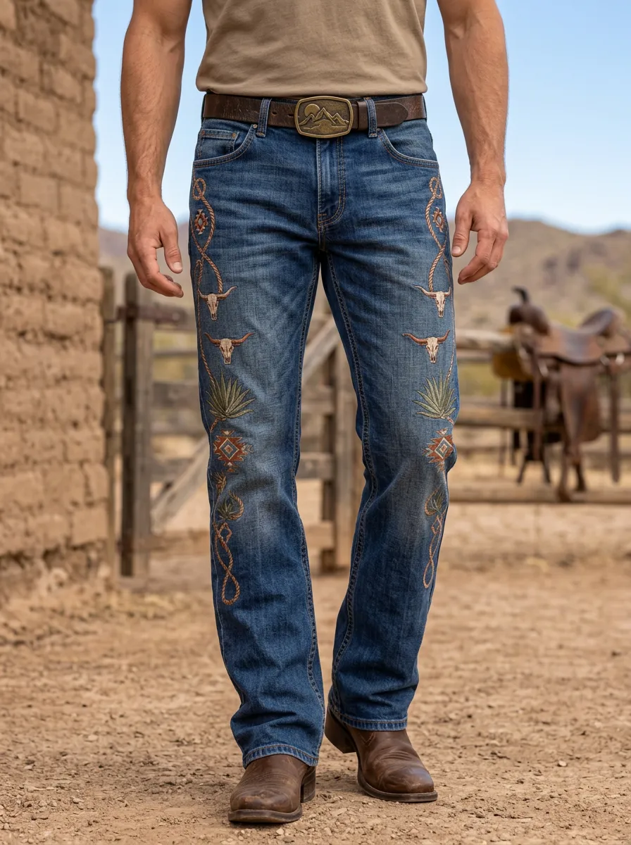 Men's Western Cowboy Cactus Skull Embroidered Jeans