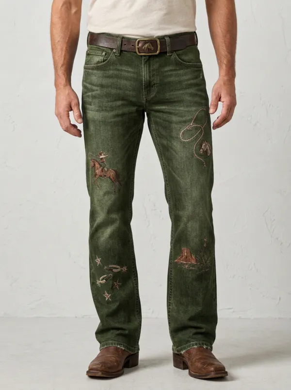 Men's Western Cowboy Rodeo Horse Lasso Printed Jeans