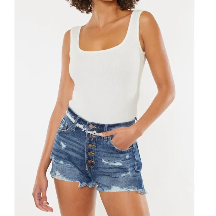 Distressed Button Fly Denim Shorts