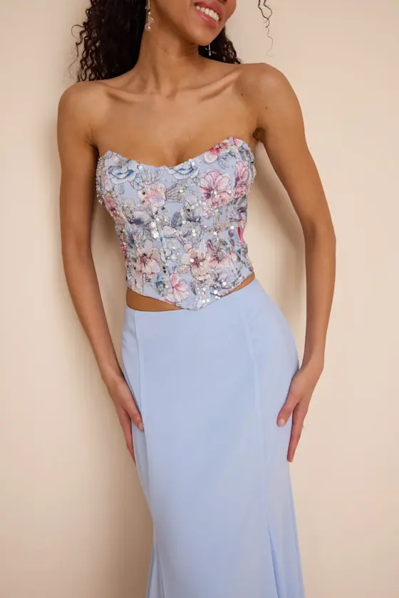 Jenna Light Blue Embroidered Strapless Two-Piece Maxi Dress
