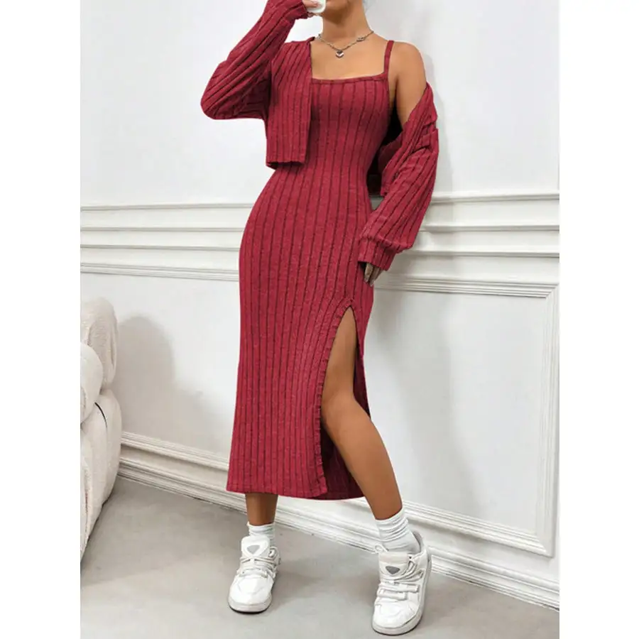 Ribbed Long Sleeve Cropped Cardigan and Slit Cami Dress Set