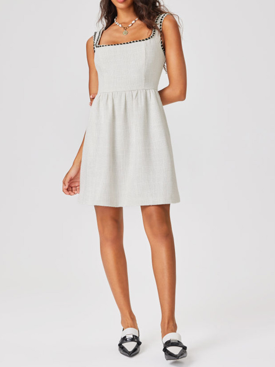 Tweed U-Neckline Solid Mini Dress