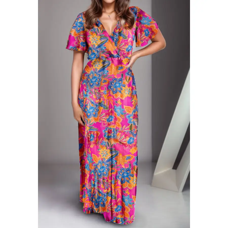 Printed Surplice Short Sleeve Maxi Dress