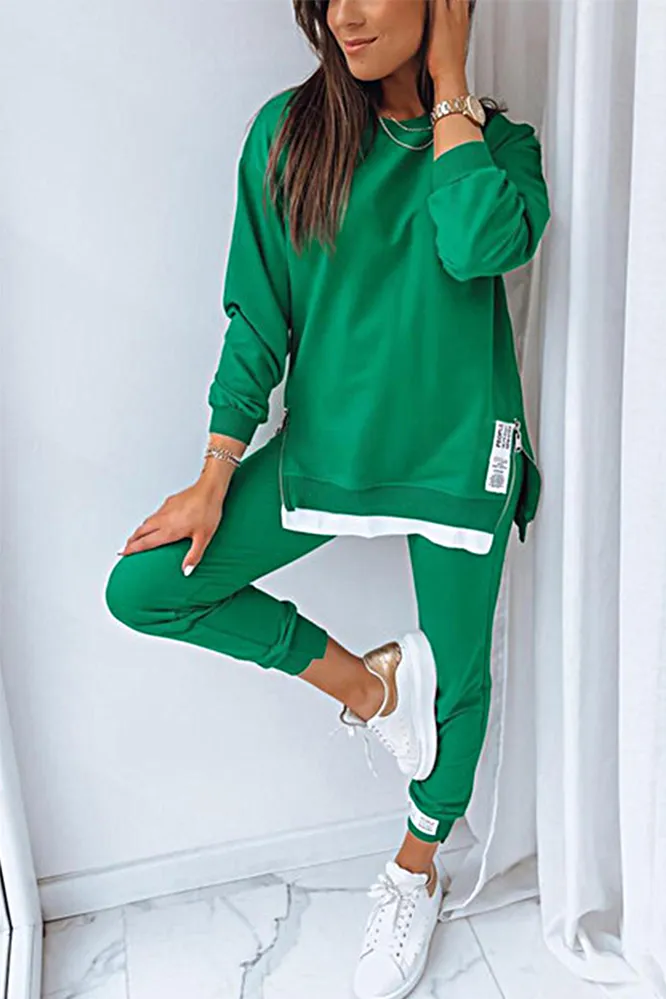 Women's Fashion Side Slit Fake Two-piece Top & Pants Two-piece Set