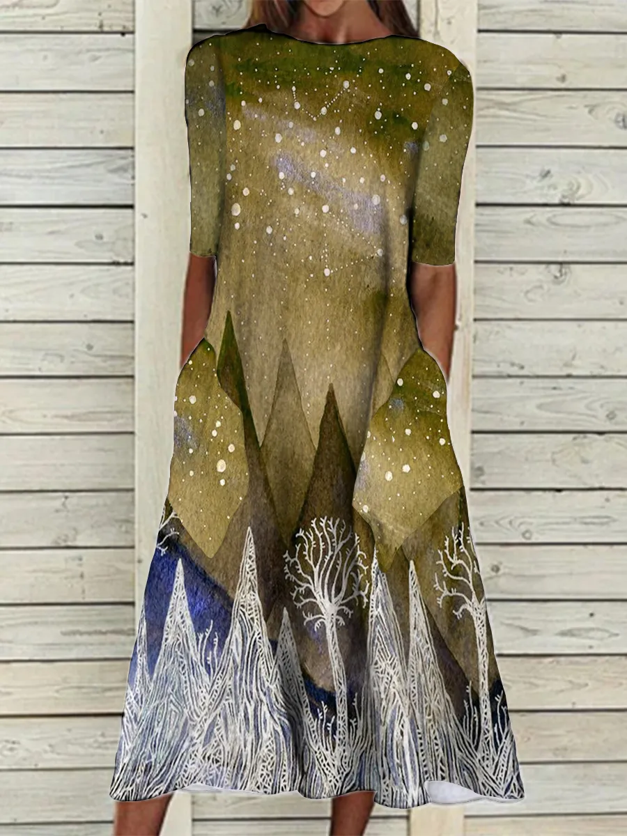Casual Loose Landscape Print Short-sleeved Midi Dress