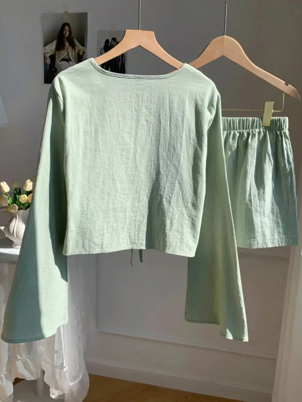 Embroidered Tie Front Top & Shorts Set