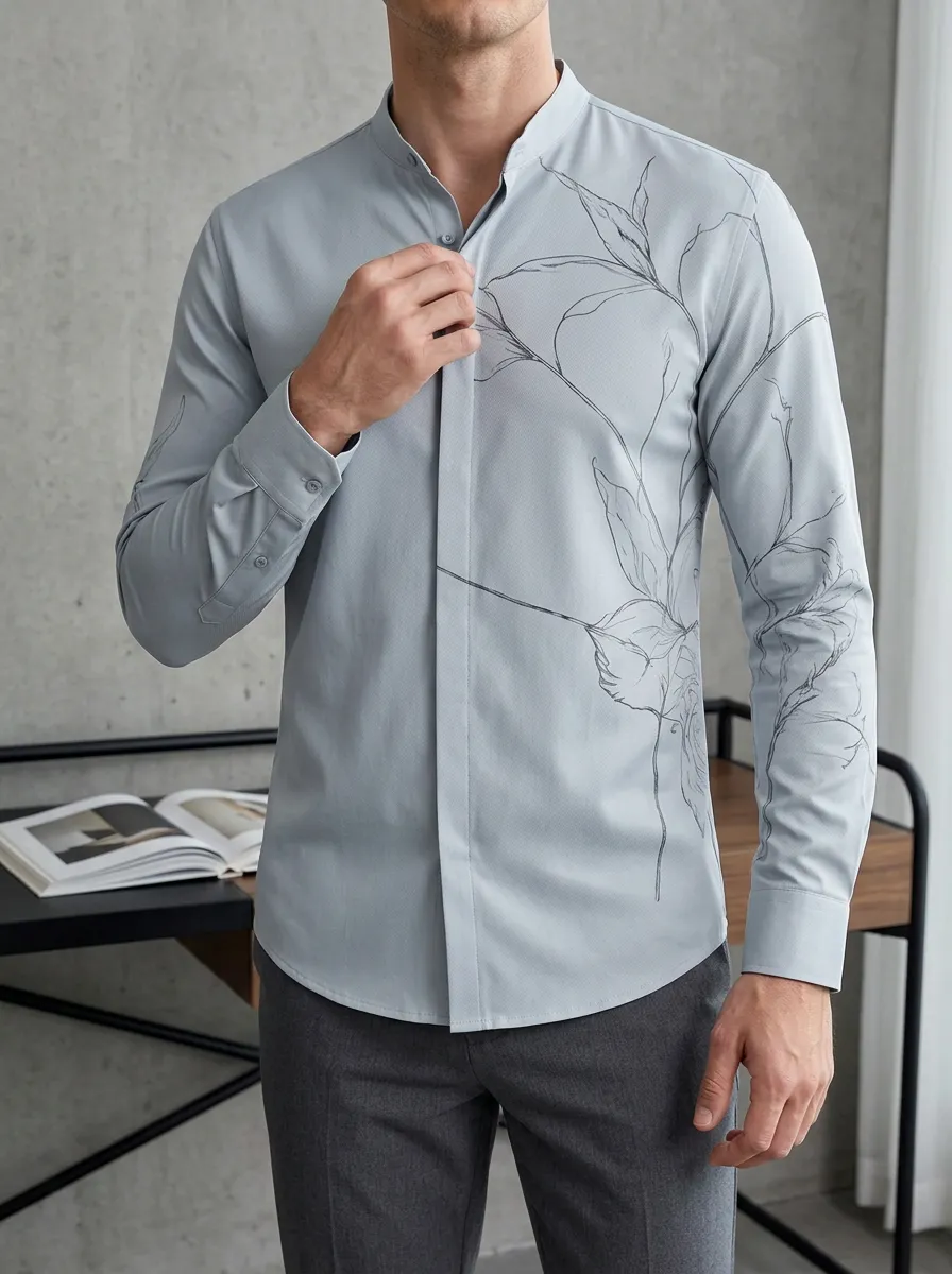 Men's Slim Fit Botanical Line Art Printed Mandarin Collar Shirt