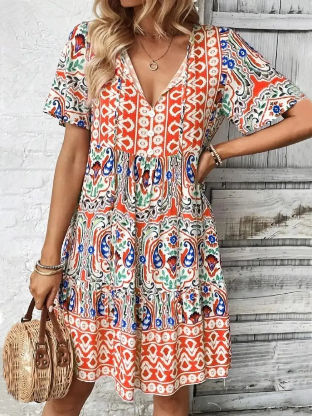 Short Sleeve Printed Midi Dress