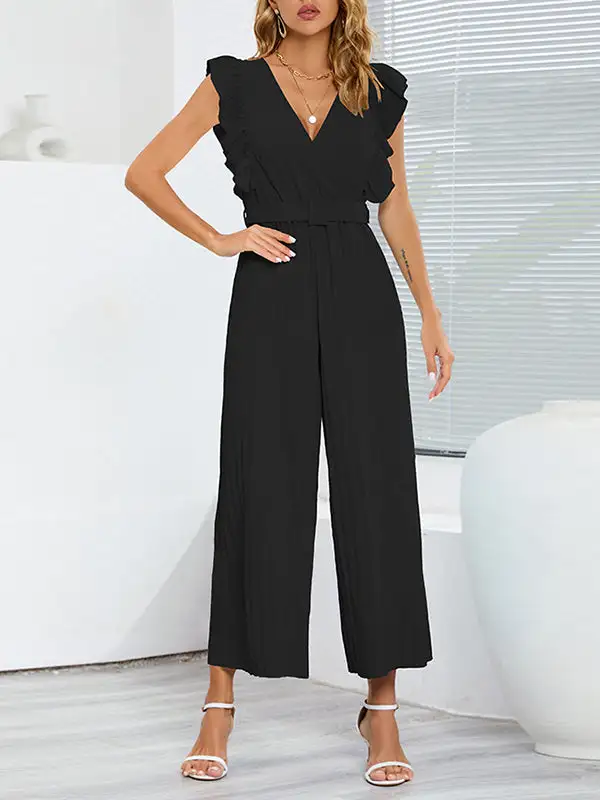 Hoog Getailleerde Losse Geplooide Jumpsuits Met V Hals