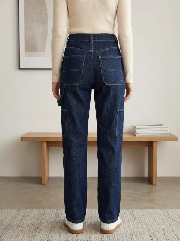 Women's Casual Style Dark Wash Utility Pocket Denim Jeans