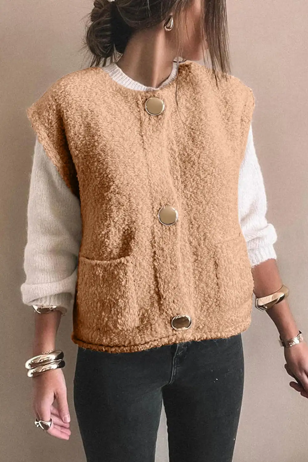 Big Button Accent Pocket Plush Vest