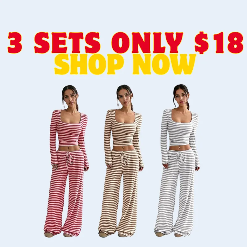 Women's Slouchy Square Neck Stripe Long Sleeve Crop Top & Low-Rise Wide Leg Trousers Co-ord, Minimalist Two Piece Outfits