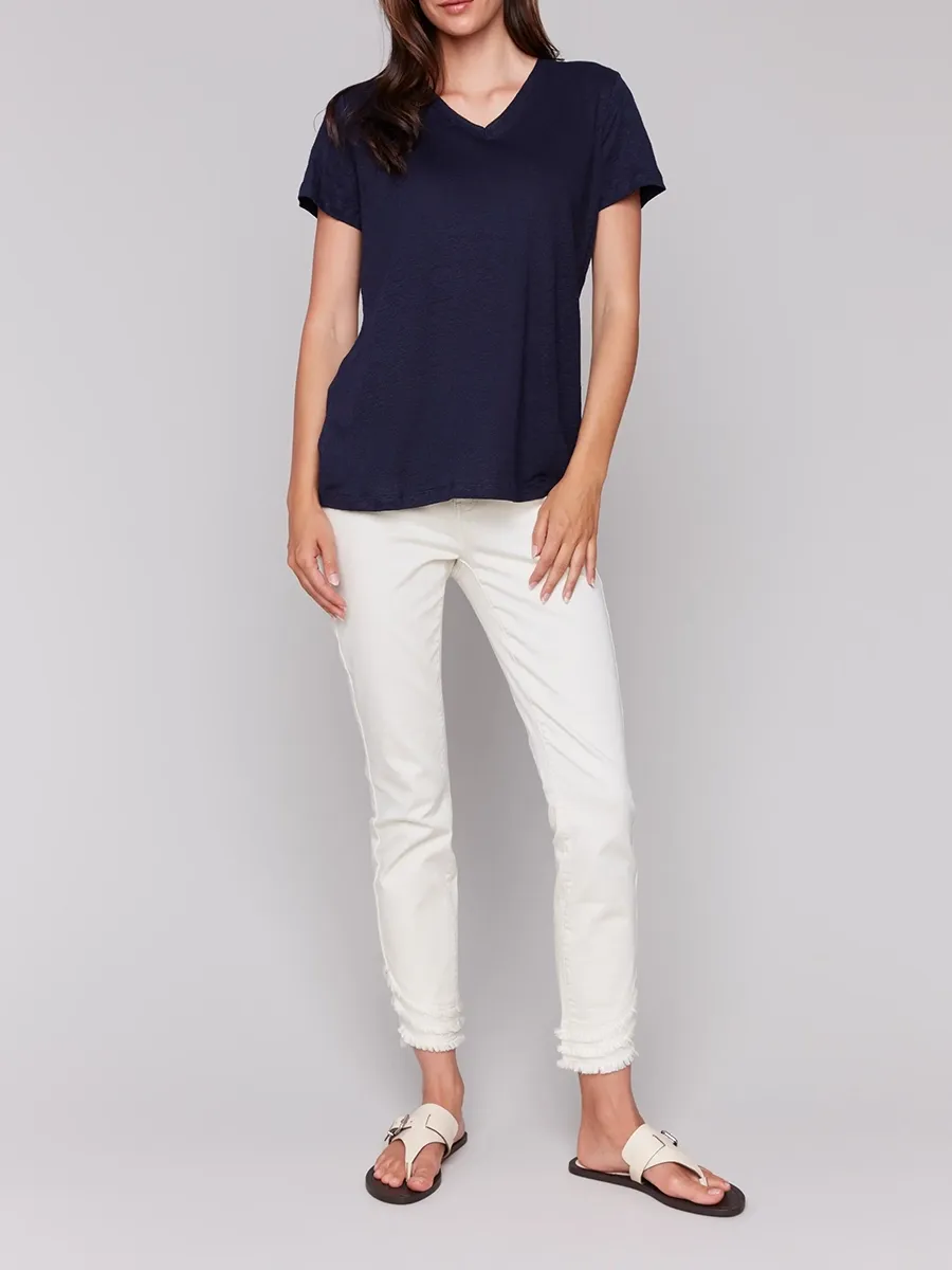 V-Neck Loose Solid Color Skin-Friendly Linen Short Sleeves