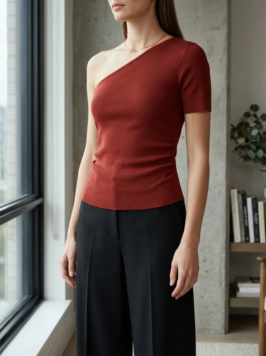 Women's Rust Red Ribbed One-Shoulder Fitted Top