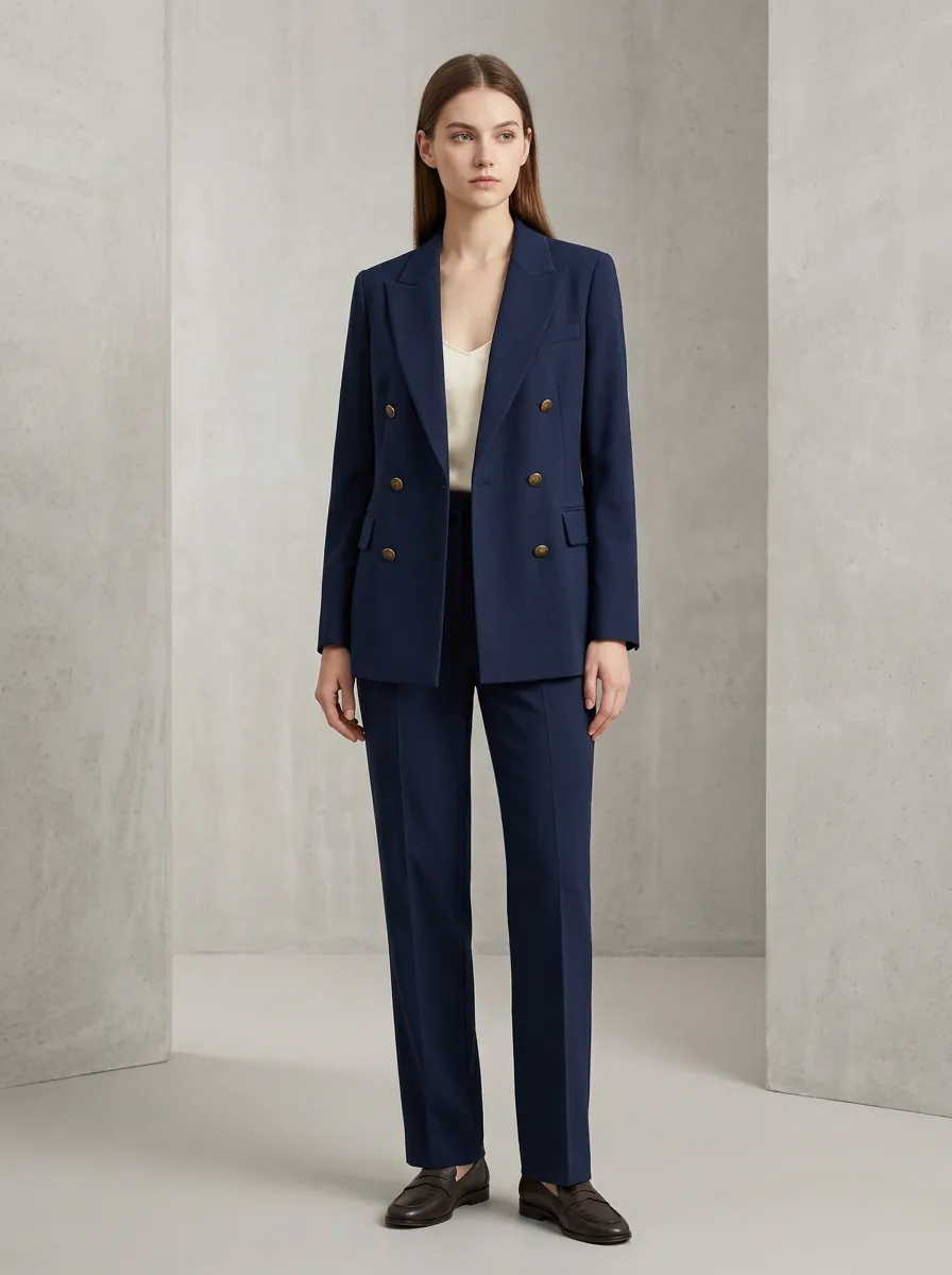 Women's Regular Fit Business Professional Navy Double-Breasted Blazer Trouser Suit