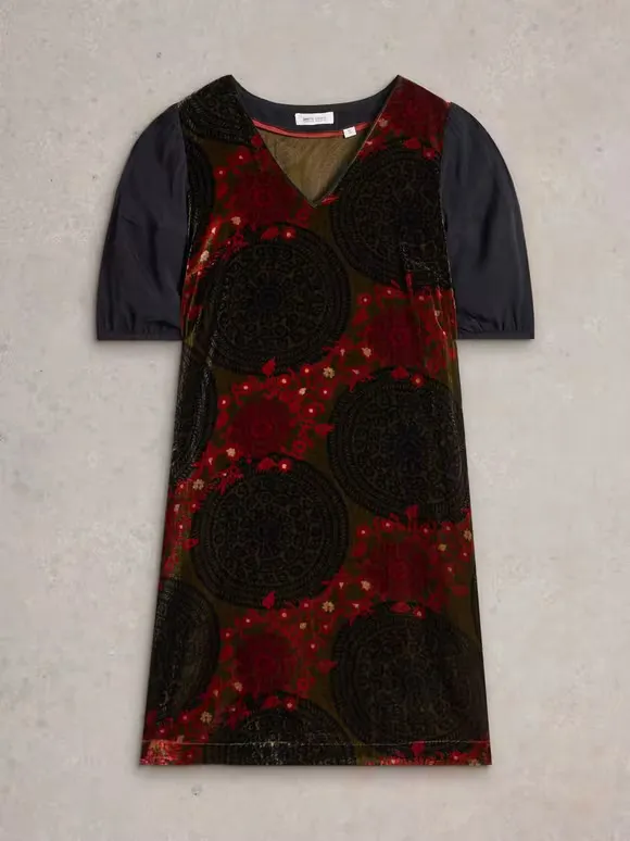 Velvet Mix Dress In Green Print