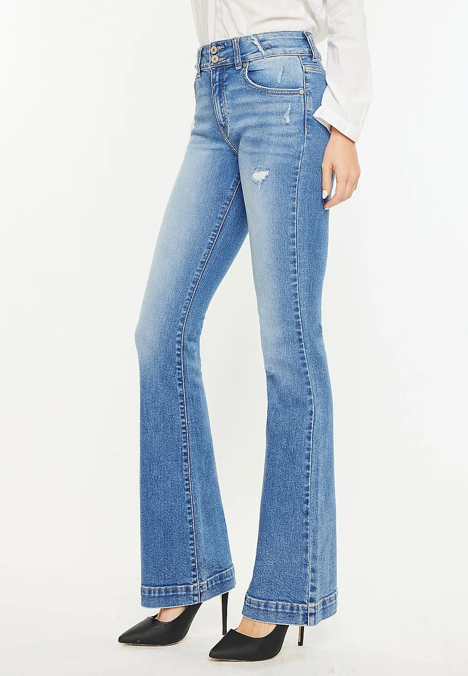 High Rise Double Button Wide Hem Flare Jean