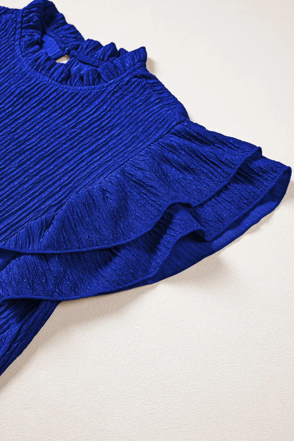 Dark Blue Solid Color Textured Ruffle Trim Short Sleeve Blouse