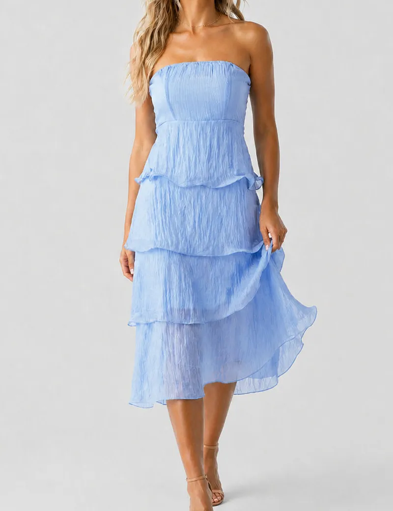 Chic Crinkle Strapless Tiered Ruffle Tube Midi Dress