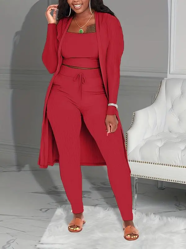 Women's Plain Long Sleeve Open Front Cardigan & Tie Front Leggings & Sleeveless Cropped Top Set, Casual Elegant Chic Fashion Cozy Breathable Women's Outfits for Fall, Ladies Fall Co-ord Sets, Clothes
