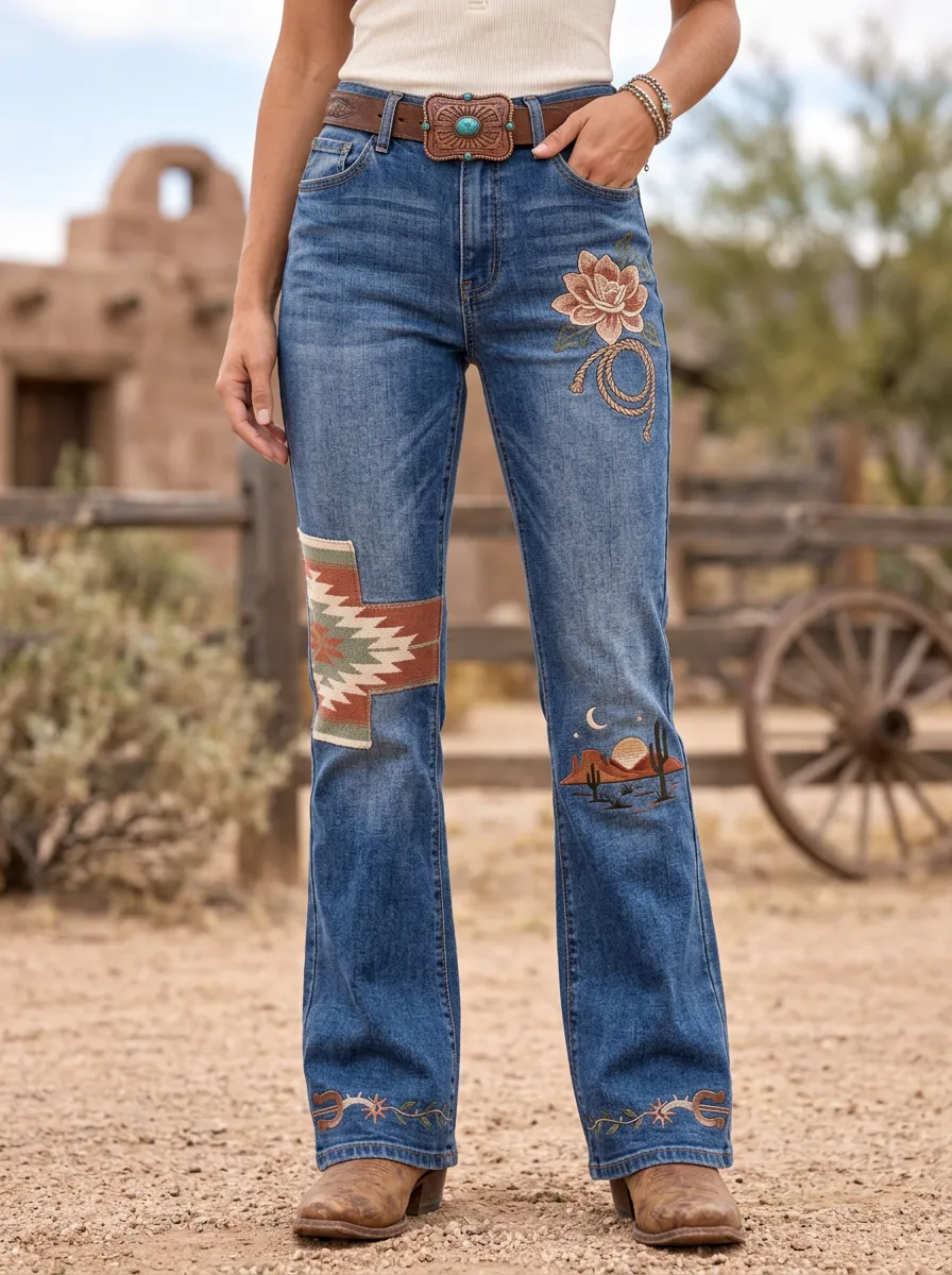 Women's Western Cactus Desert Floral Geometric Jeans