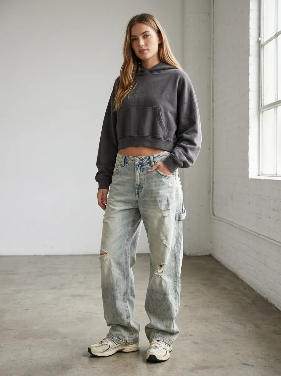 Women's Casual Streetwear Distressed Acid Wash Baggy Jeans