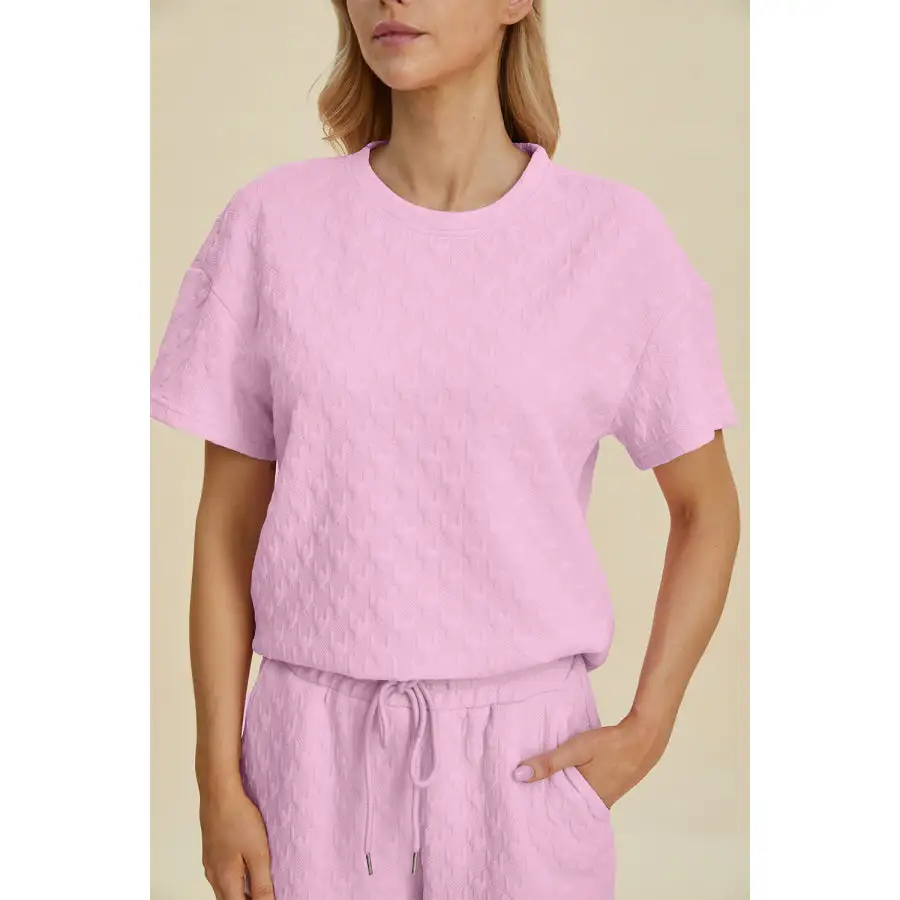 Double Take Texture Round Neck Short Sleeve Top and Pants Set